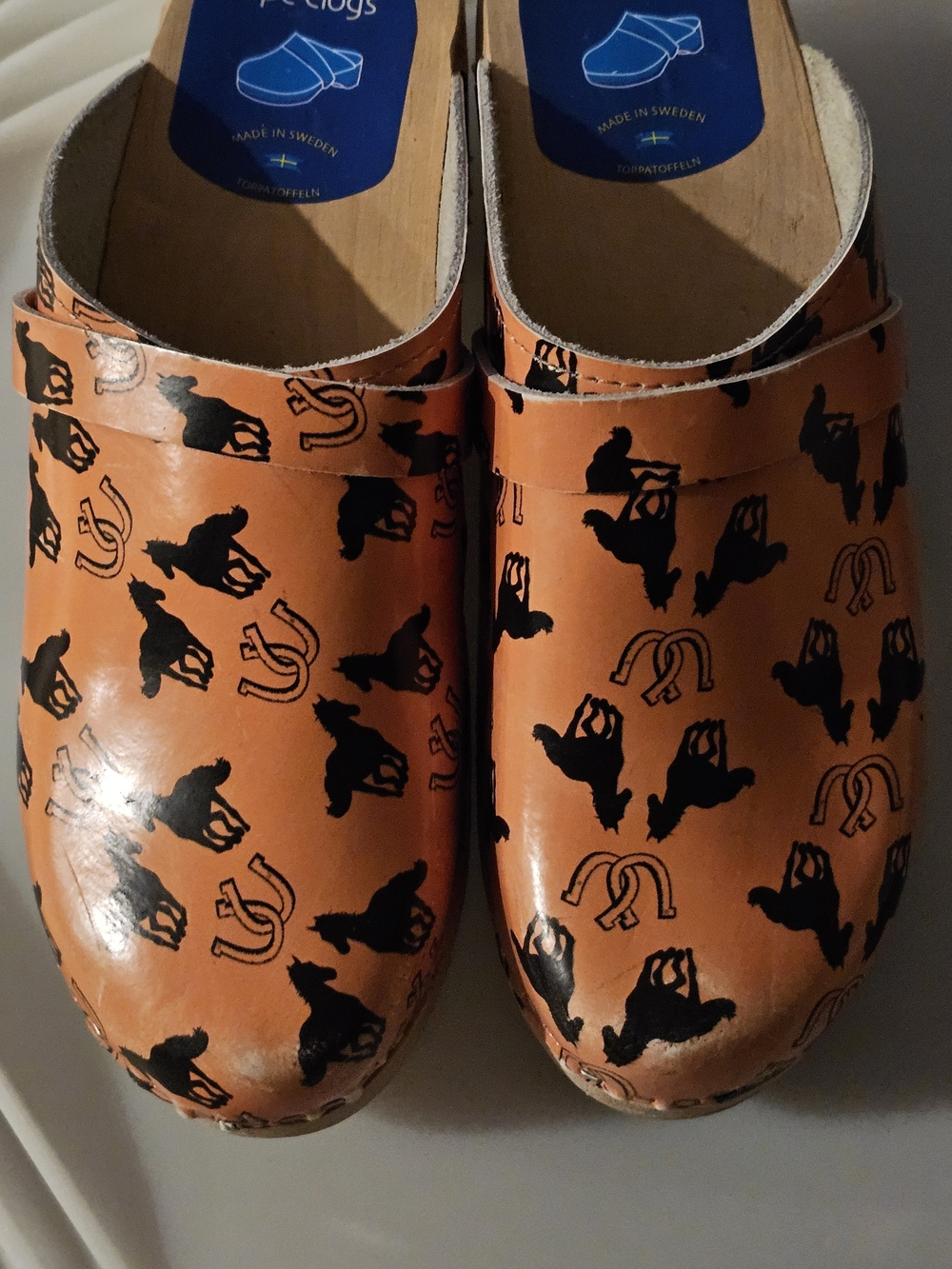 Orange Printed Leather Mules with Black Horse Motif